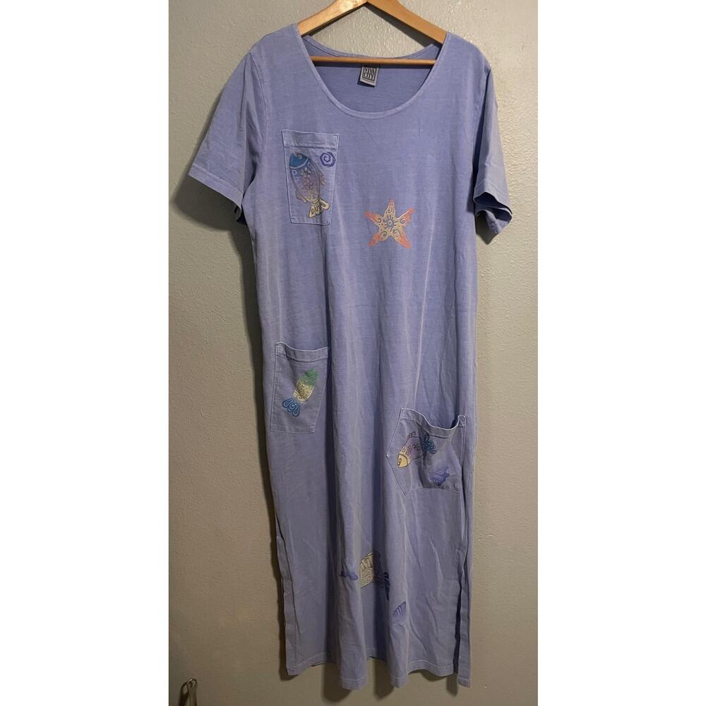 Vintage Viva City Dress Womens Large Purple Fish Ocean Nautical Maxi Beach 90s
